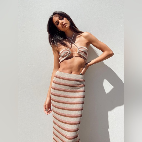 MELINA KNIT SKIRT AND TOP SET BEIGE STRIPE - Picture 2 of 3